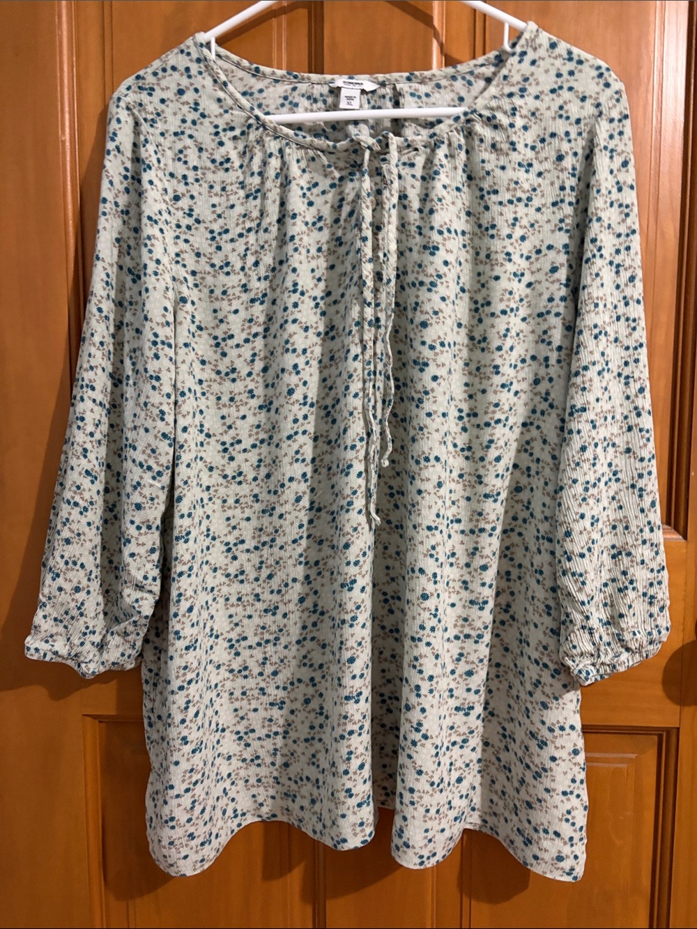 Sonoma Cream Tunic with Teal Blue Floral Tie Neck